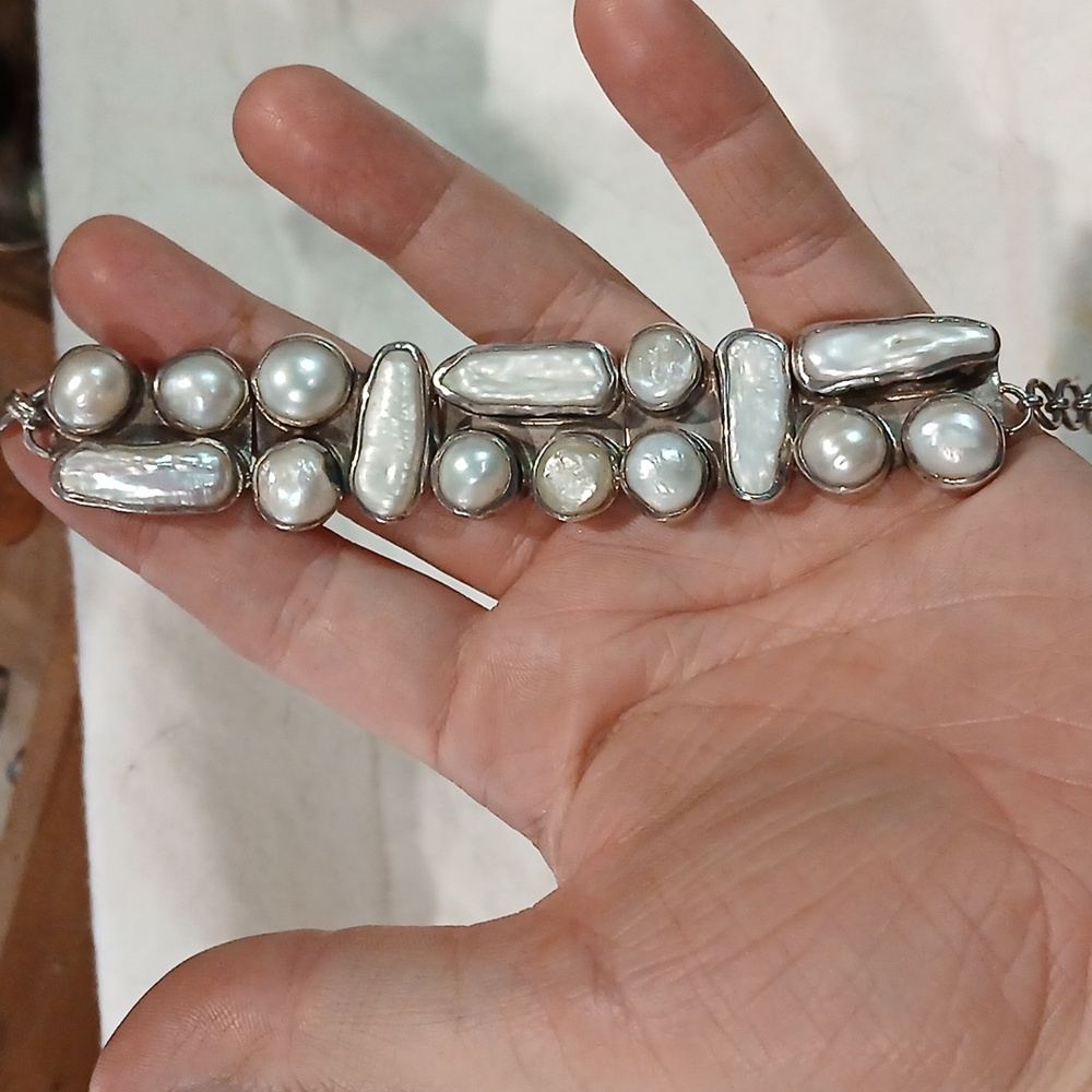 ✨ Sterling Silver & Biwa Pearl Bracelet – Elegant, Unique, Adjustable 6–8” - Picture 4 of 9